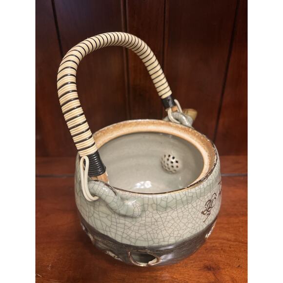 Otagiri Somaware Somayaki Gray-Green Heart Double Walled Tea Kettle 1940s - Picture 3 of 9